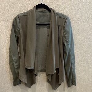 Blank NYC Olive Draped Open-Front Jacket with Leather-Trim Sleeves
